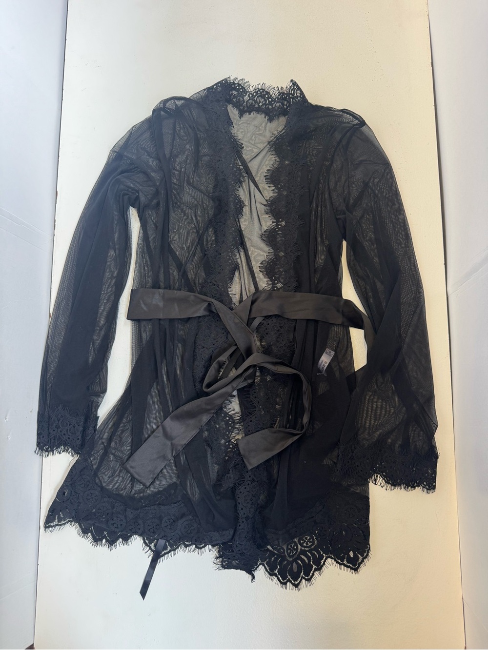 fredricks of hollywood sheer black mesh kimono robe scalloped lace trim L/XL